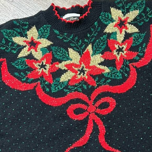 Vtg Ugly Christmas Sweater Womens Medium Black Red Poinsettia Dana Scott 80s - Picture 2 of 6